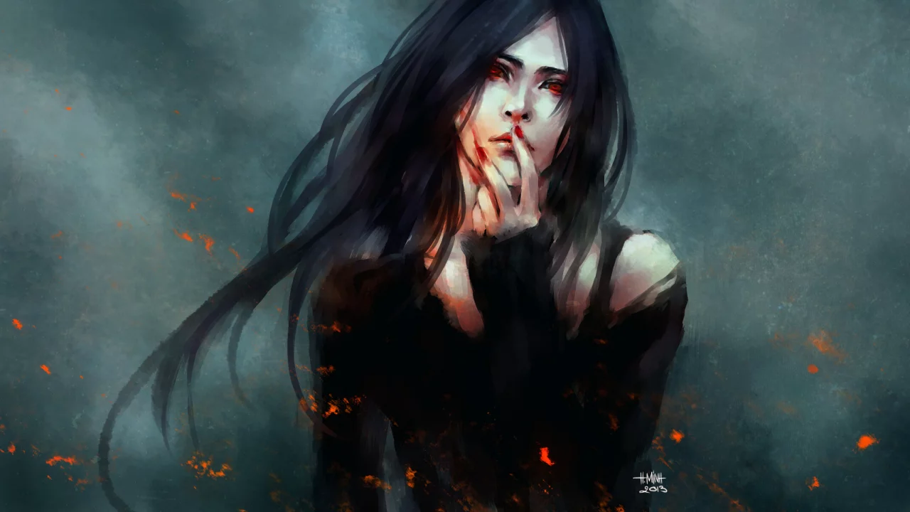 art, огонь, жест, кровь, девушка, nanfe