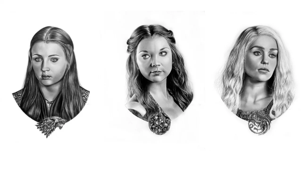 game of thrones, margaery tyrell, sansa stark, портреты, daenerys targaryen, гербы