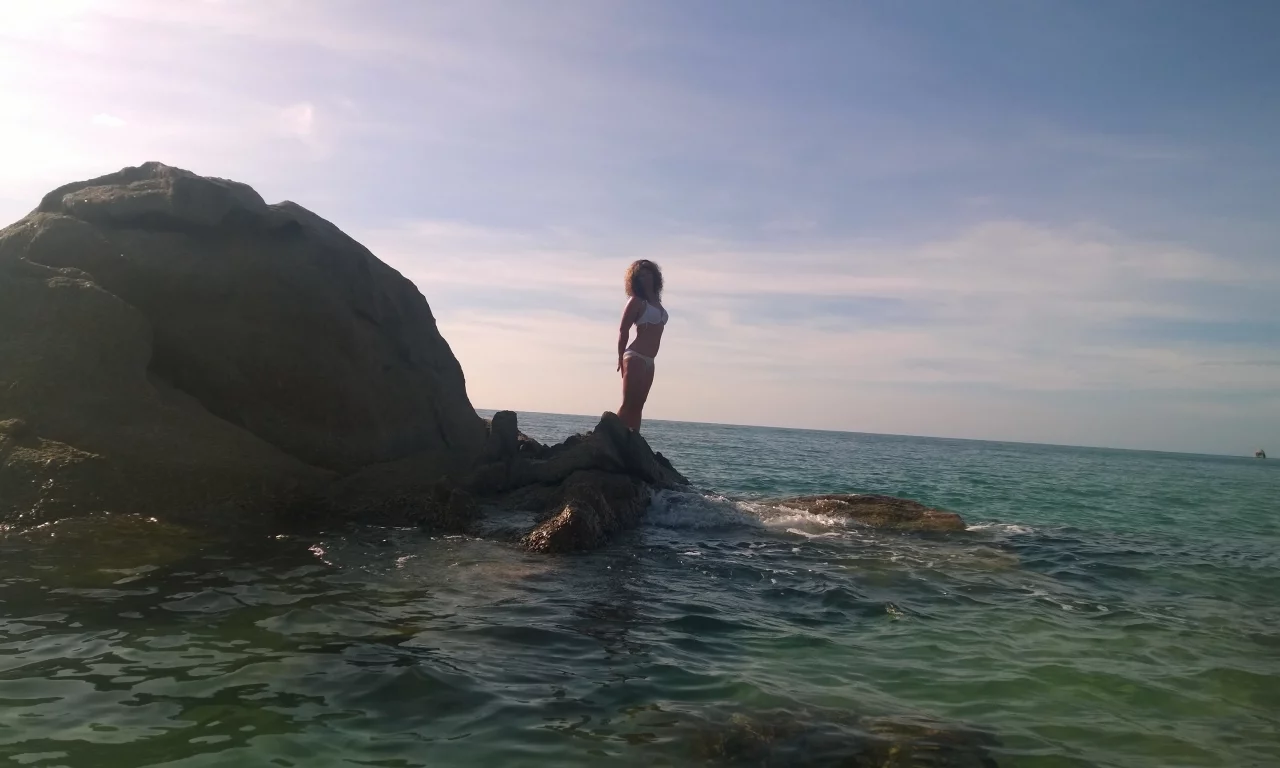 панорама, море, утро, скала, девушка, красиво