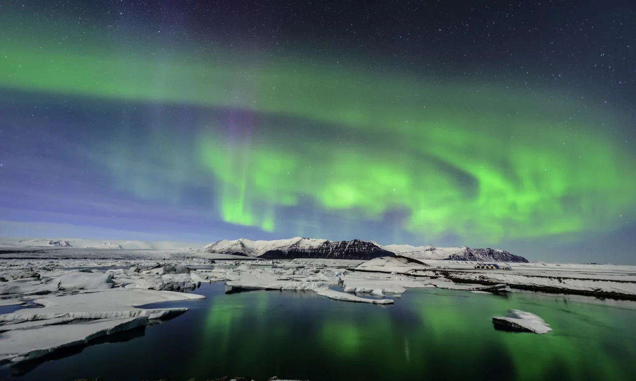 льды, северное сияние, iceland, glacial lagoon, исландия, льдины
