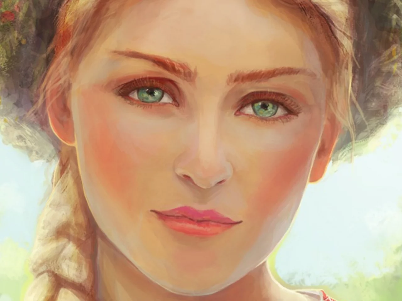 лицо, глаза, живопись, коса, зеленые, green eyes, девушка