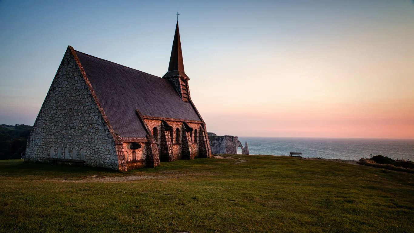 море, вечер, chapelle notre-dame de la garde , франция, нормандия