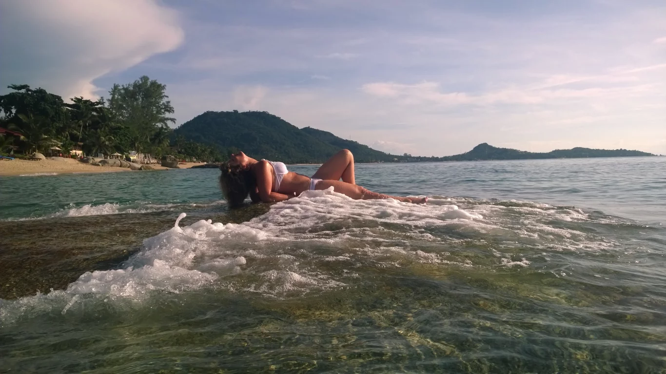 панорама, море, синева, риф, девушка, волна, красиво