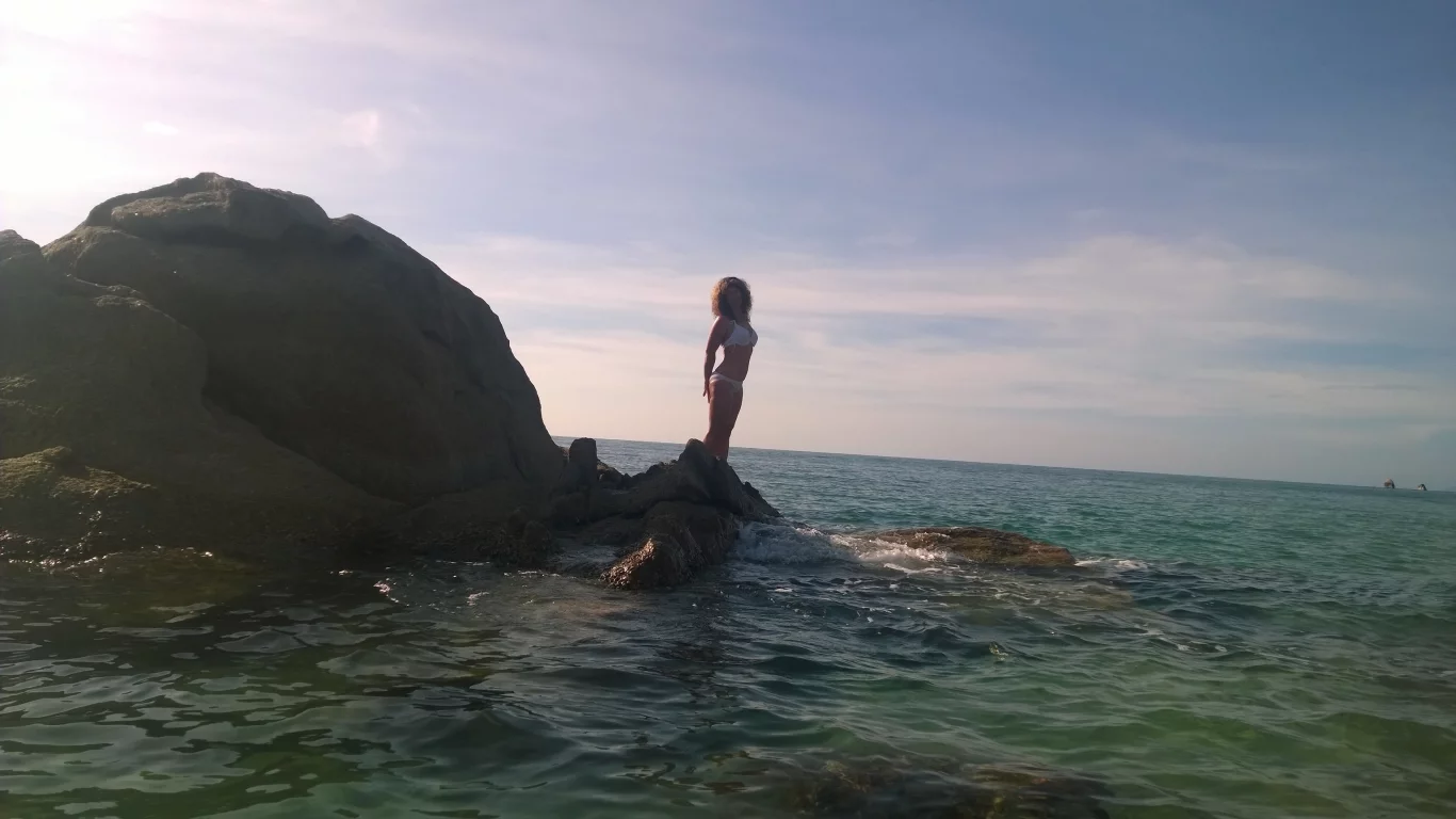панорама, море, утро, скала, девушка, красиво