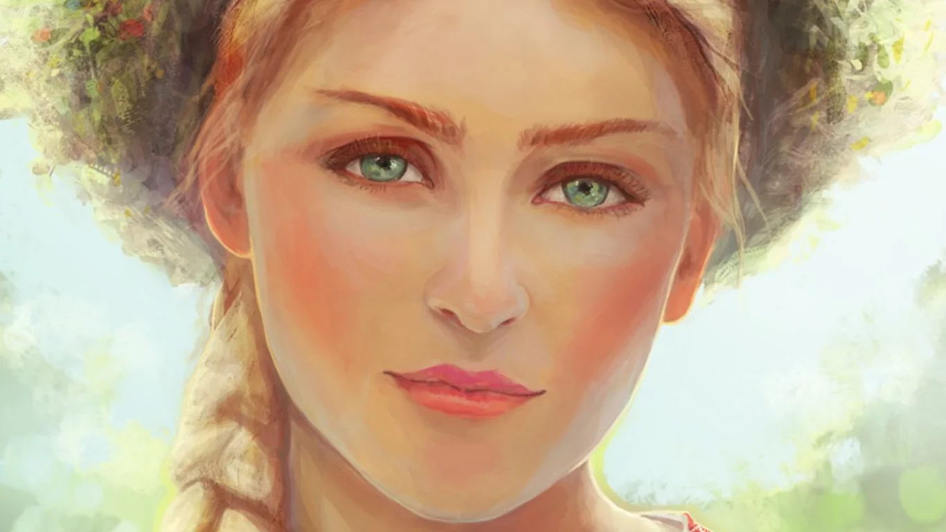 лицо, глаза, живопись, коса, зеленые, green eyes, девушка