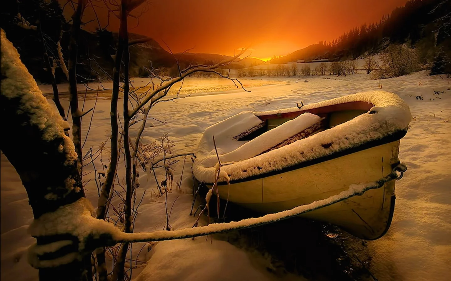 горы, река, пейзаж, закат, природа, лодка, небо, деревья