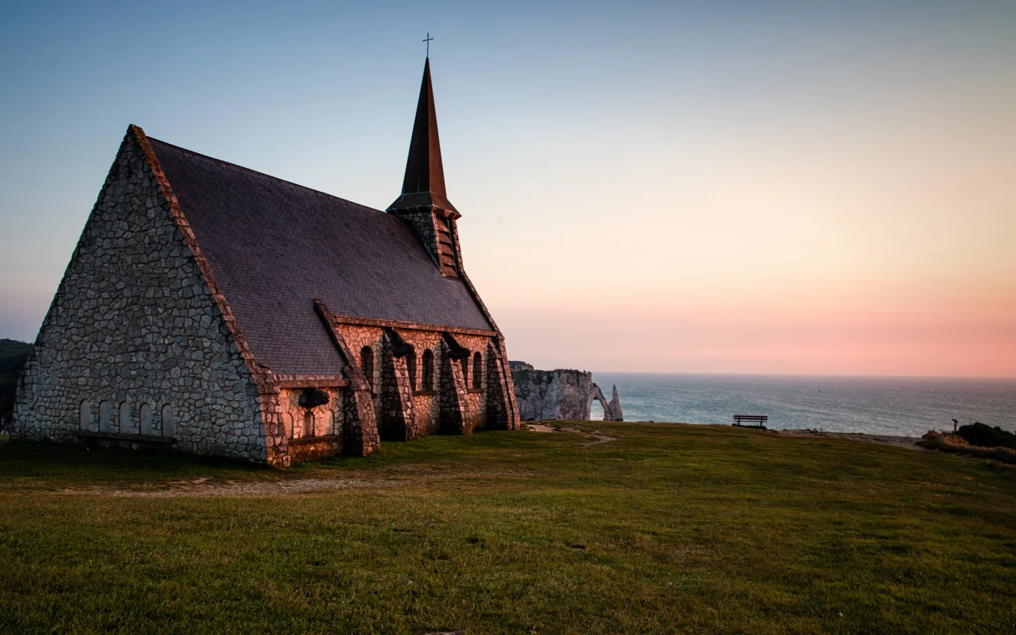море, вечер, chapelle notre-dame de la garde , франция, нормандия