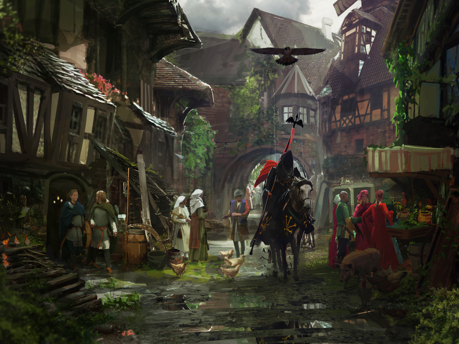 Картинка на рабочий стол medieval town, средневековье, horse, middle ages,  knight, улица, город 1600 x 1200