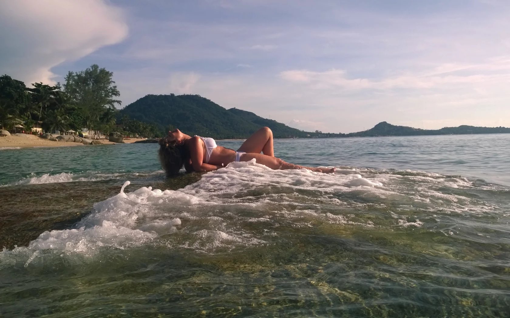 панорама, море, синева, риф, девушка, волна, красиво
