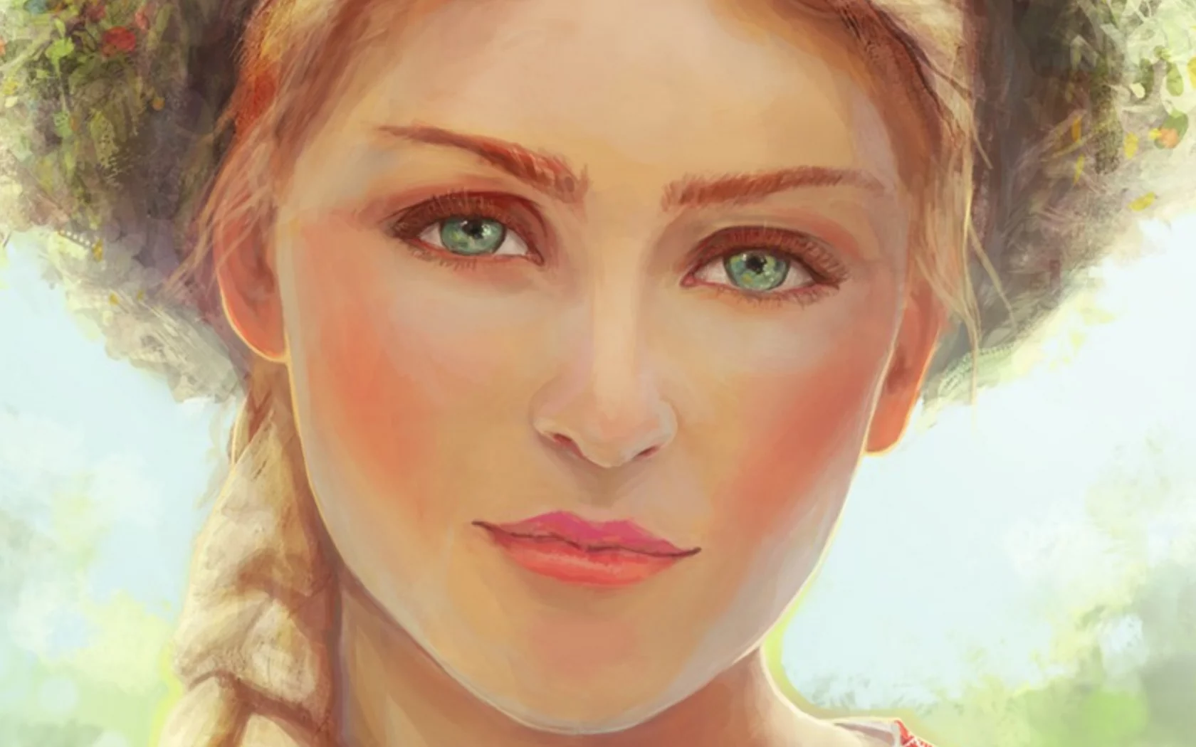 лицо, глаза, живопись, коса, зеленые, green eyes, девушка