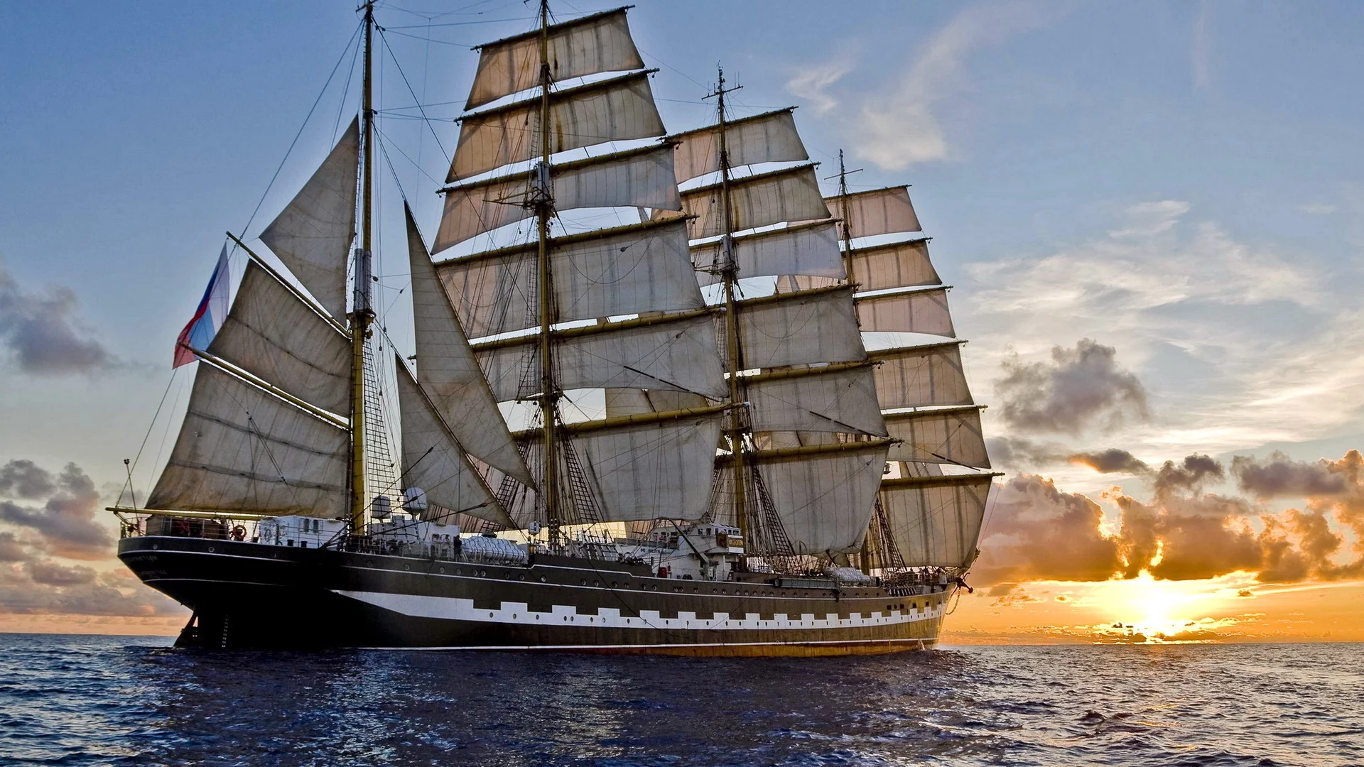 море, вечер, закат, парусник, корабль
