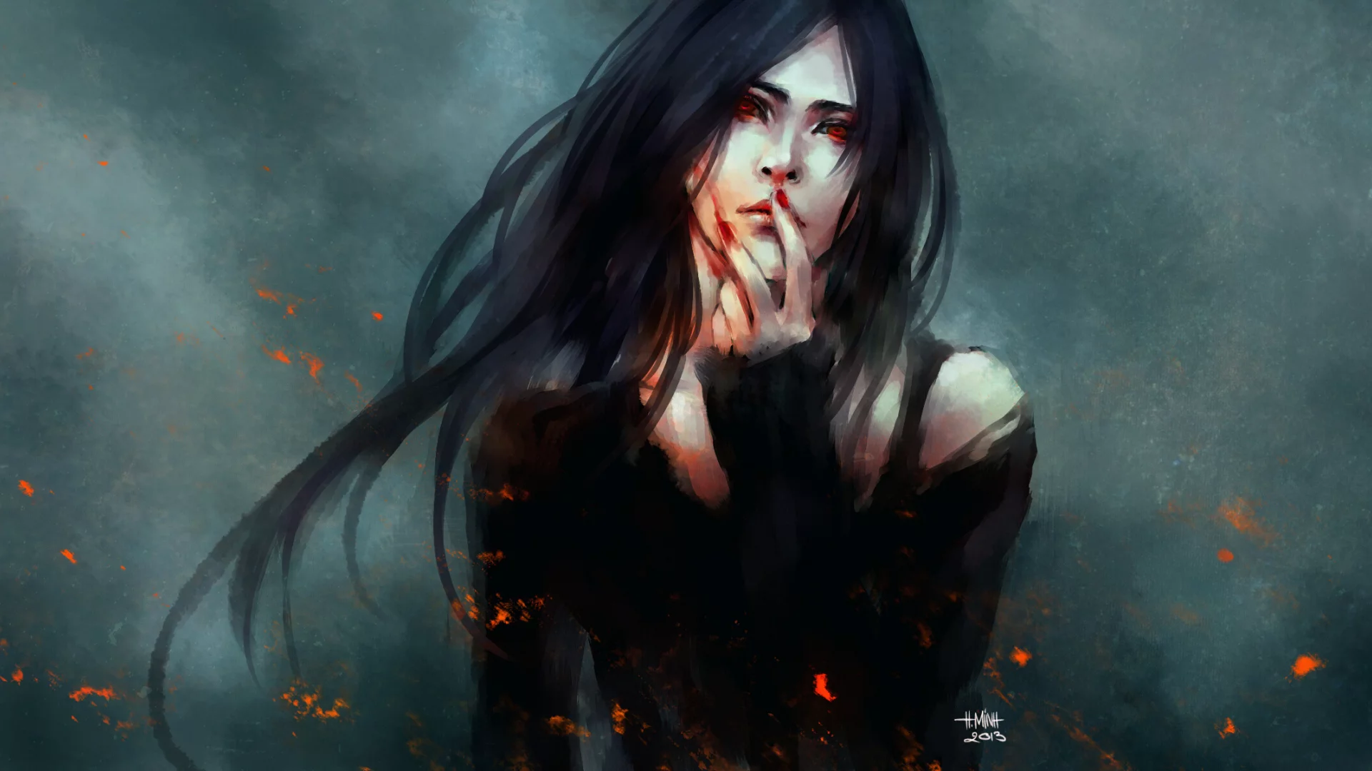 art, огонь, жест, кровь, девушка, nanfe