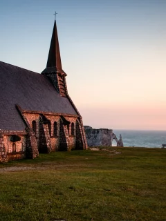 море, вечер, chapelle notre-dame de la garde , франция, нормандия