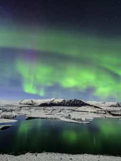 льды, северное сияние, iceland, glacial lagoon, исландия, льдины