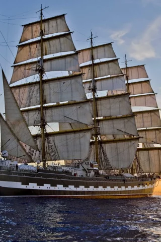 море, вечер, закат, парусник, корабль