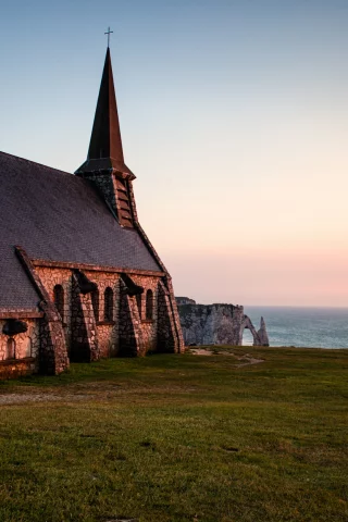 море, вечер, chapelle notre-dame de la garde , франция, нормандия