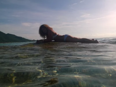 панорама, море, утро, риф, девушка, волна, красиво