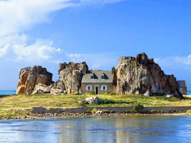 скалы, остров, домик, небо, рай, море