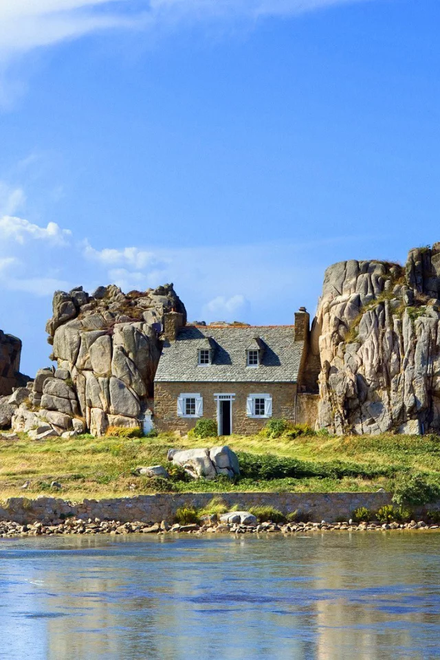 скалы, остров, домик, небо, рай, море