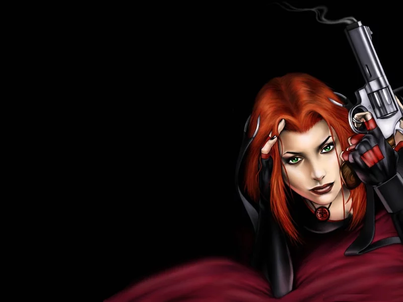 Bloodrayne, игра, девушка, вампирша, красные волосы, взгляд, глаза, пистолет, черный фон
