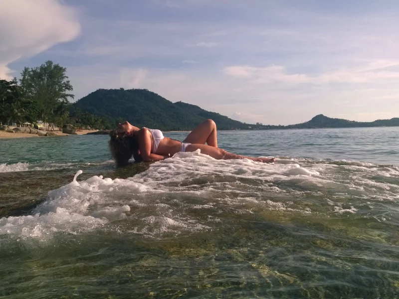 панорама, море, синева, риф, девушка, волна, красиво