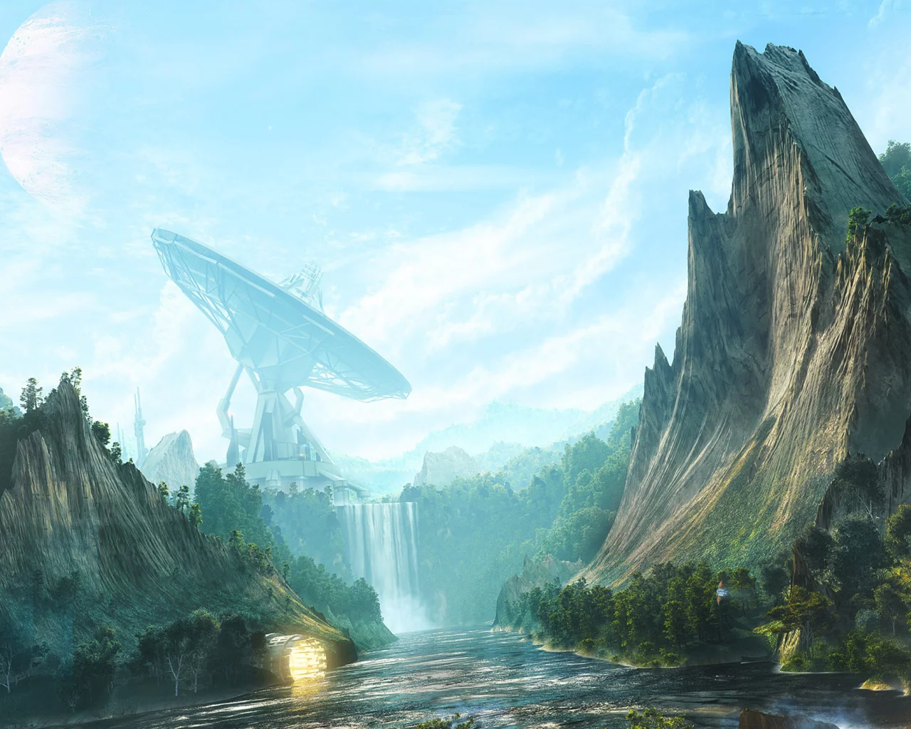 ретранслятор, скалы, digital art, waterfall valley, рисунок, desktopography