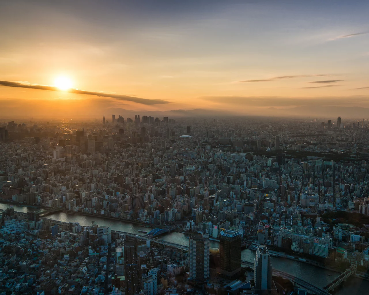 город, токио, река, tokyo, вид, закат, рассвет