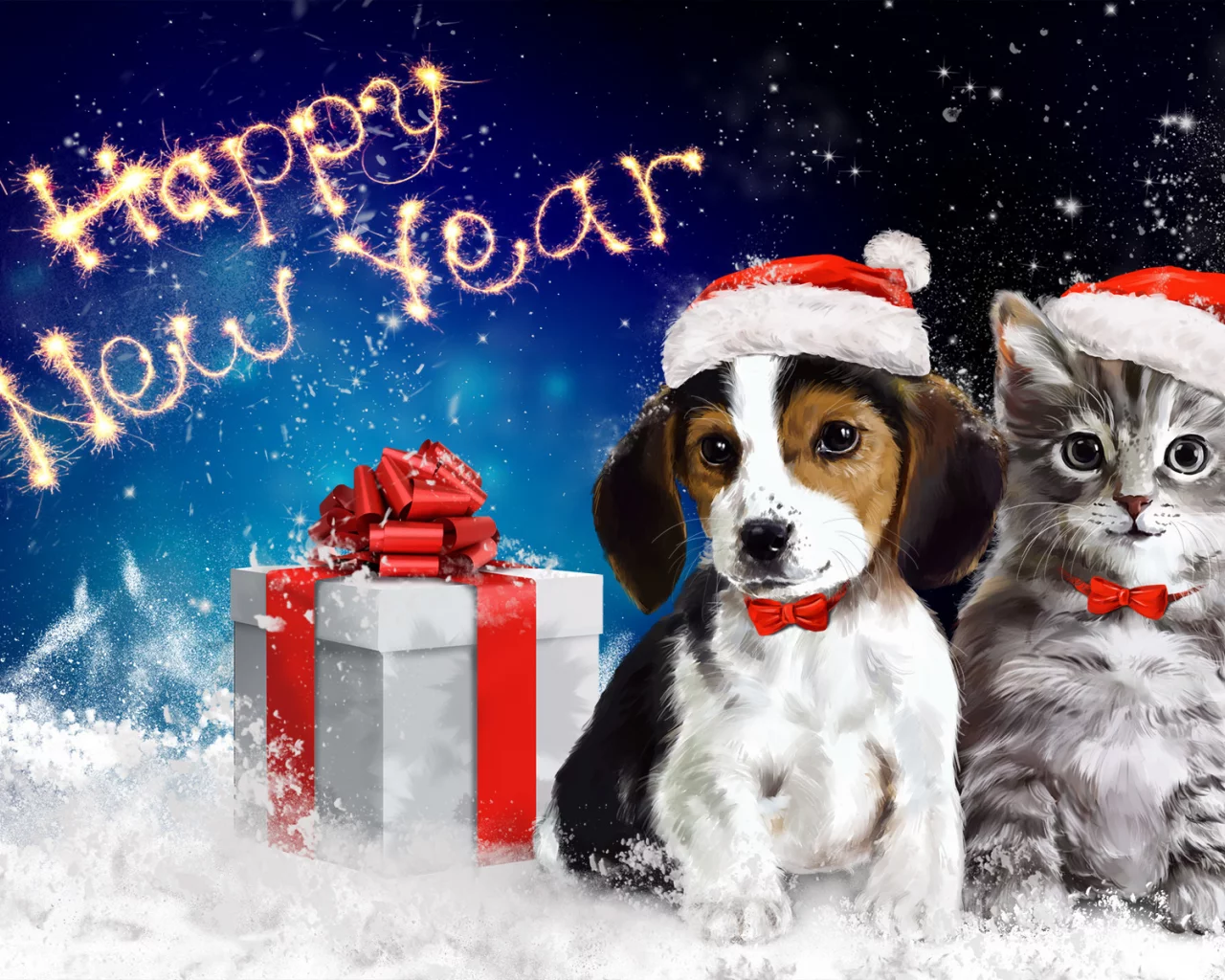 арт, животные, happy new year, собачка, новый год, котик