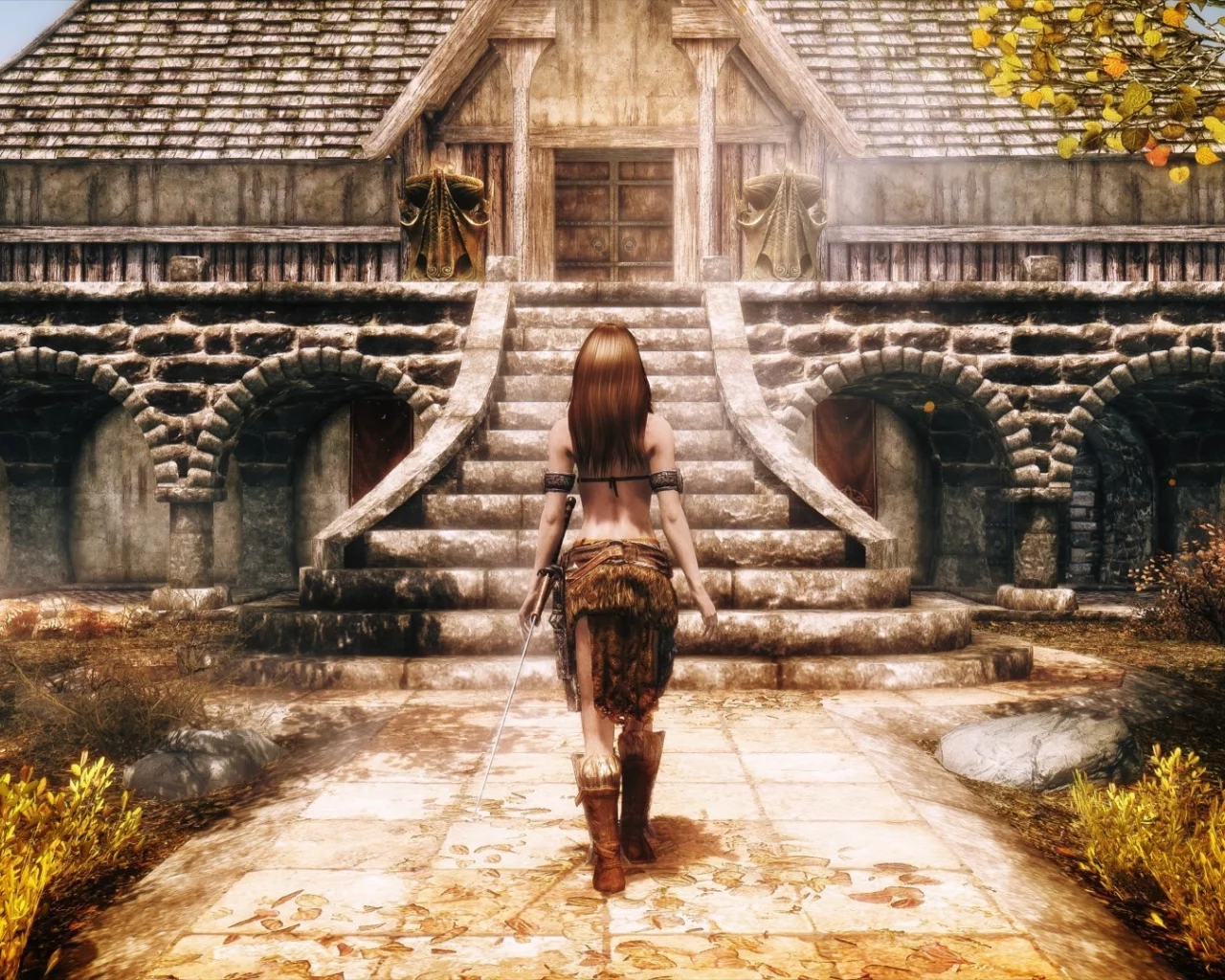 the elder scrolls v skyrim, трава, дом, дорога, девушка