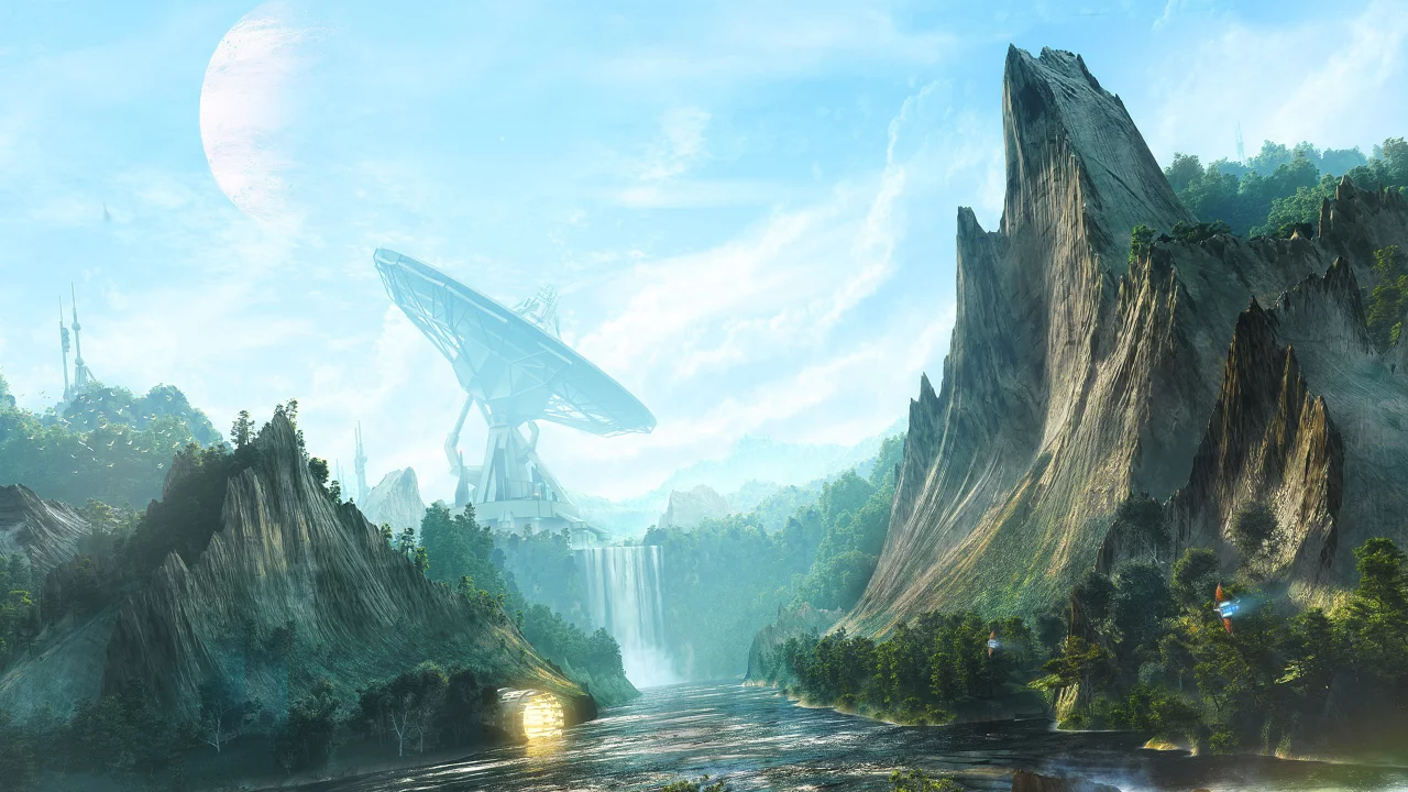 ретранслятор, скалы, digital art, waterfall valley, рисунок, desktopography