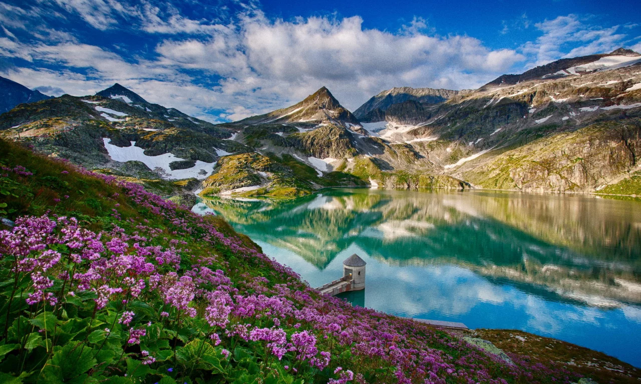 горы, весна, башня, отражение, природа, озеро