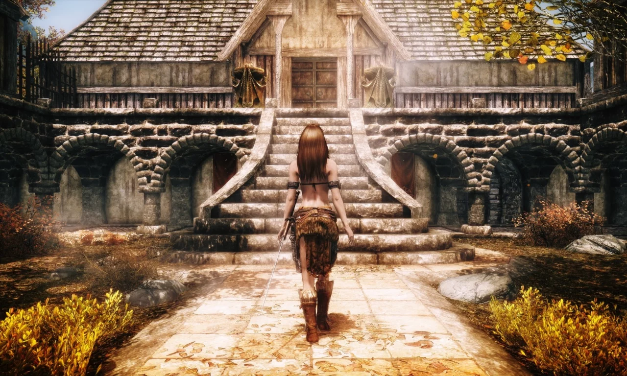 the elder scrolls v skyrim, трава, дом, дорога, девушка