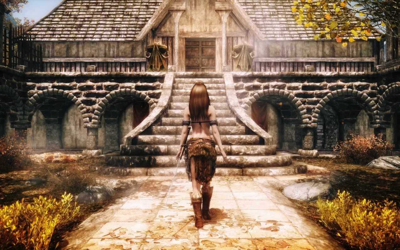 the elder scrolls v skyrim, трава, дом, дорога, девушка