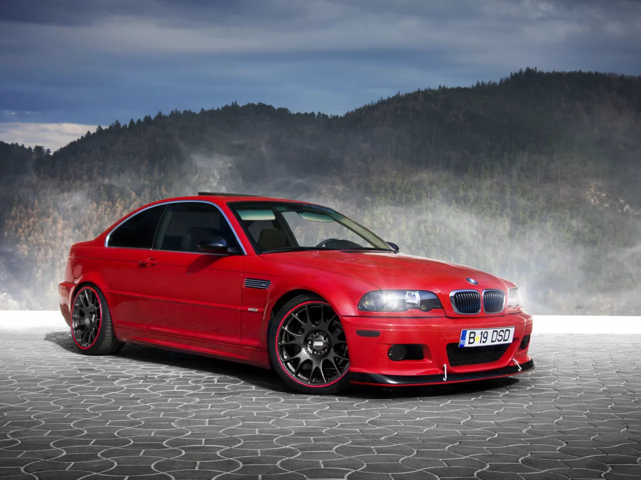 Bmw, e46, лес, туман, красный