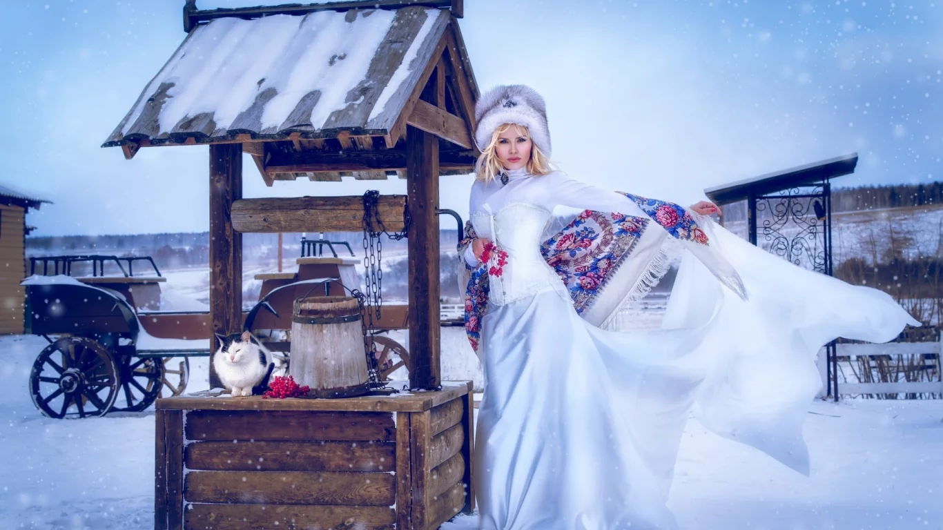 Девушка, красавица, зима, колодец.