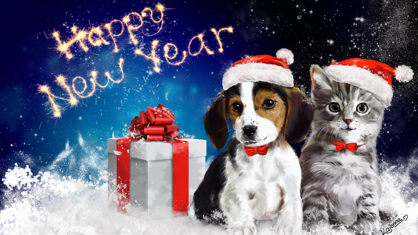арт, животные, happy new year, собачка, новый год, котик