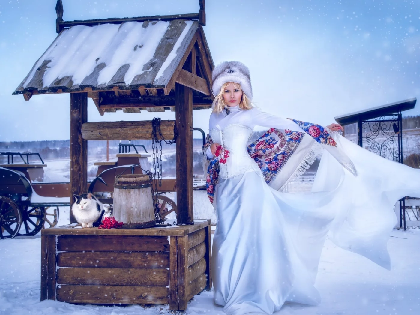 Девушка, красавица, зима, колодец.