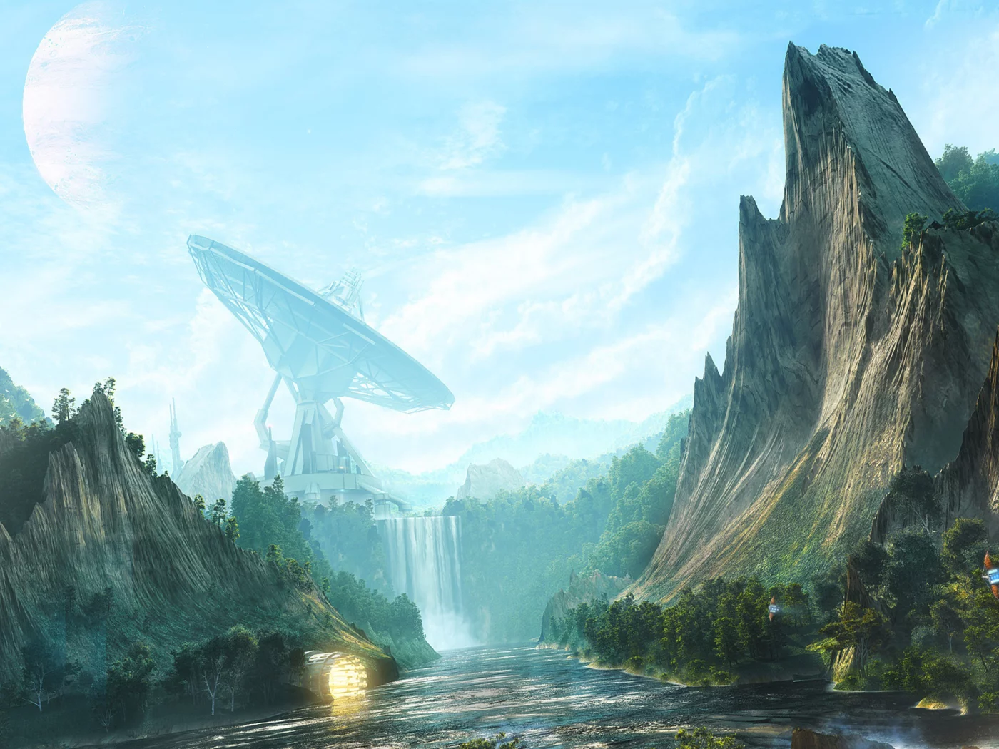 ретранслятор, скалы, digital art, waterfall valley, рисунок, desktopography