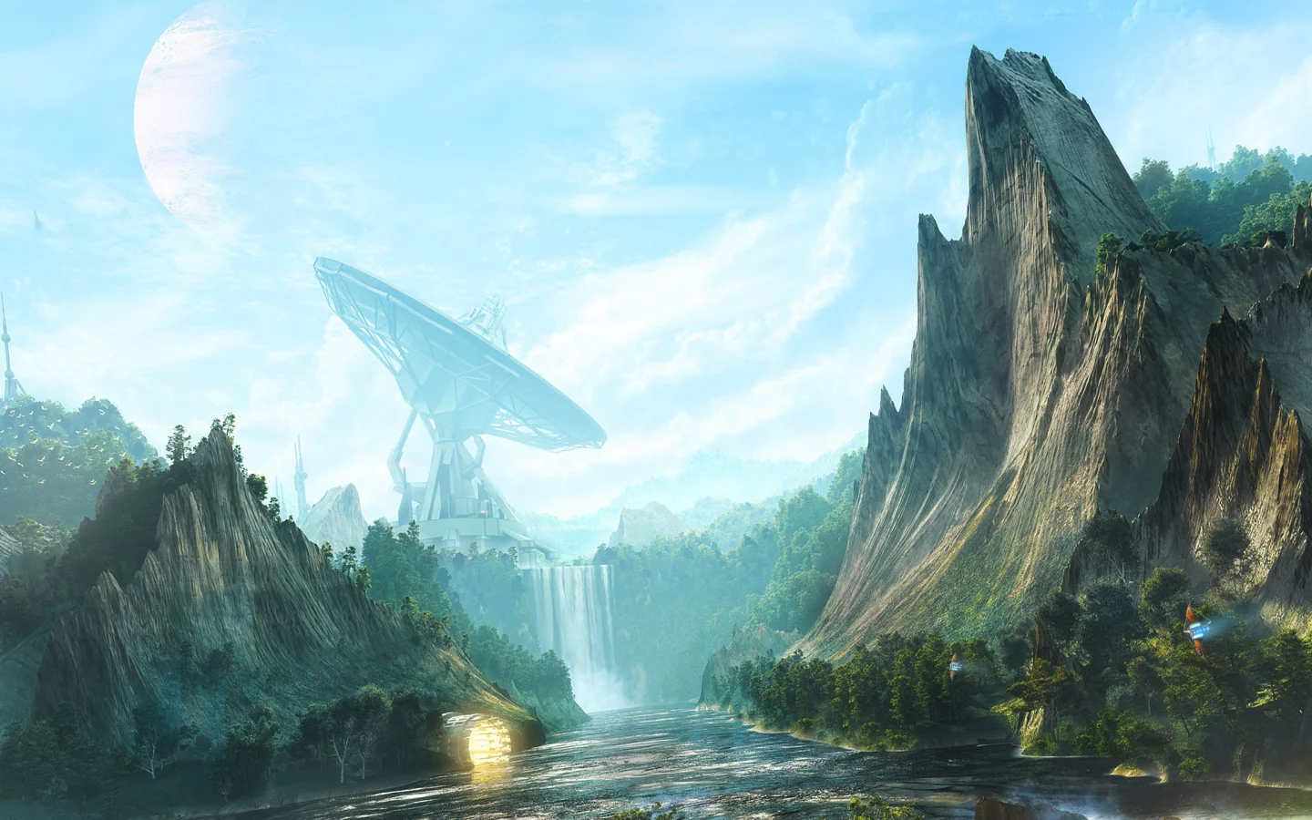 ретранслятор, скалы, digital art, waterfall valley, рисунок, desktopography