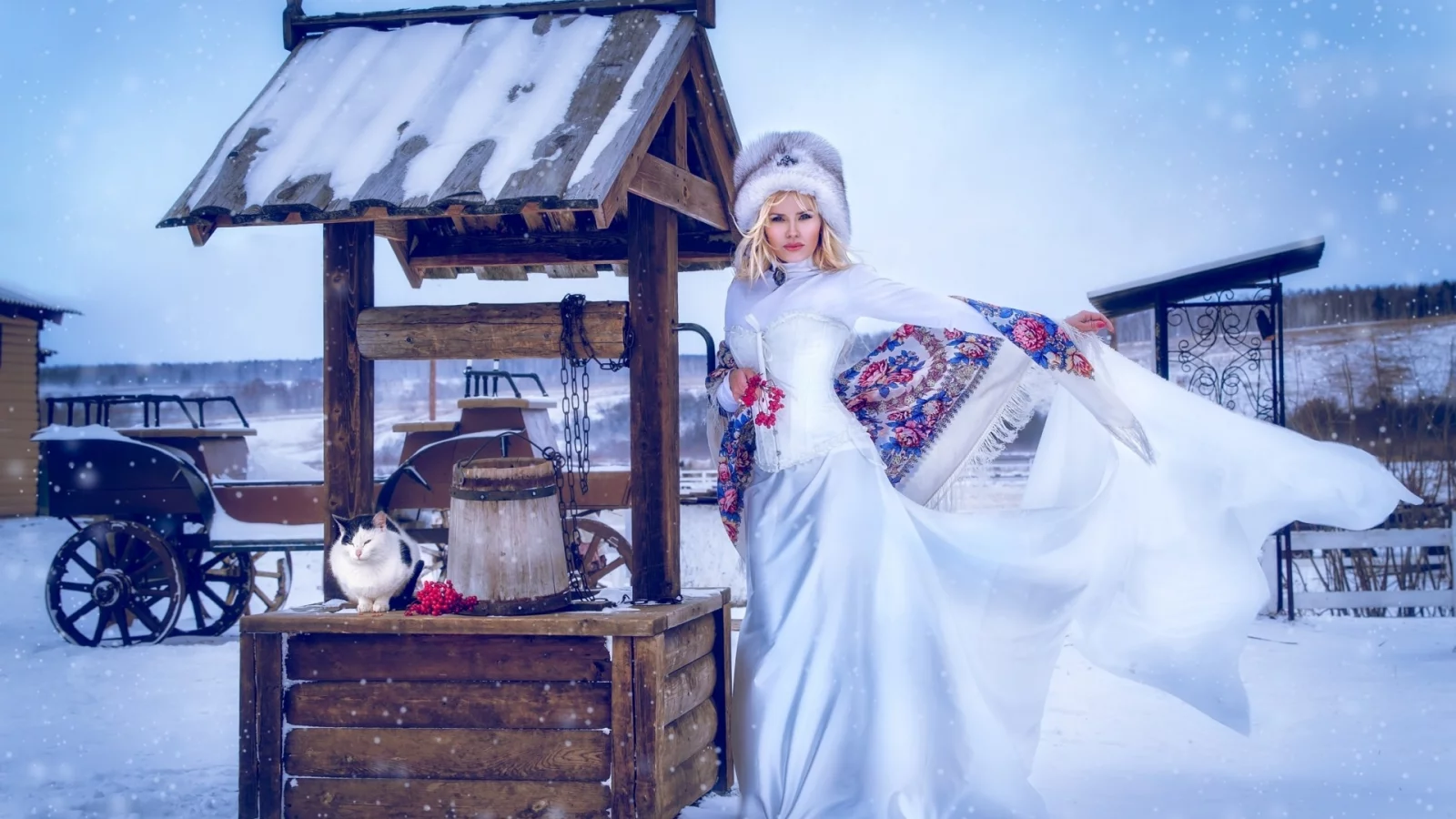 Девушка, красавица, зима, колодец.