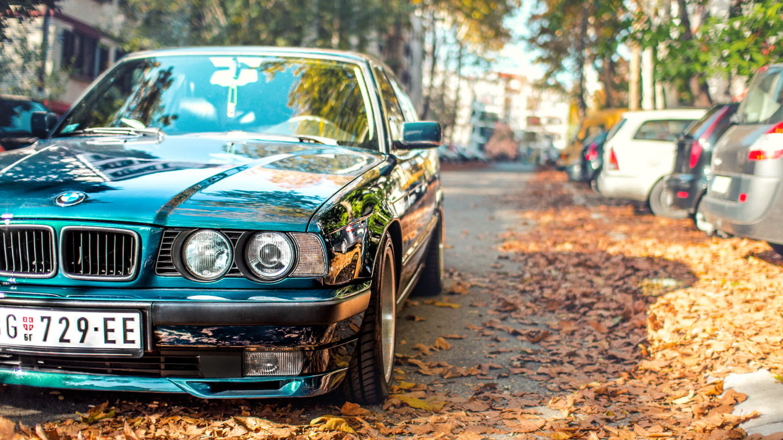 Картинка на рабочий стол bmw, 525, осень, tuning, листья, e34 1600 x 900