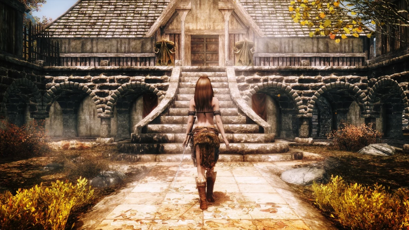 the elder scrolls v skyrim, трава, дом, дорога, девушка