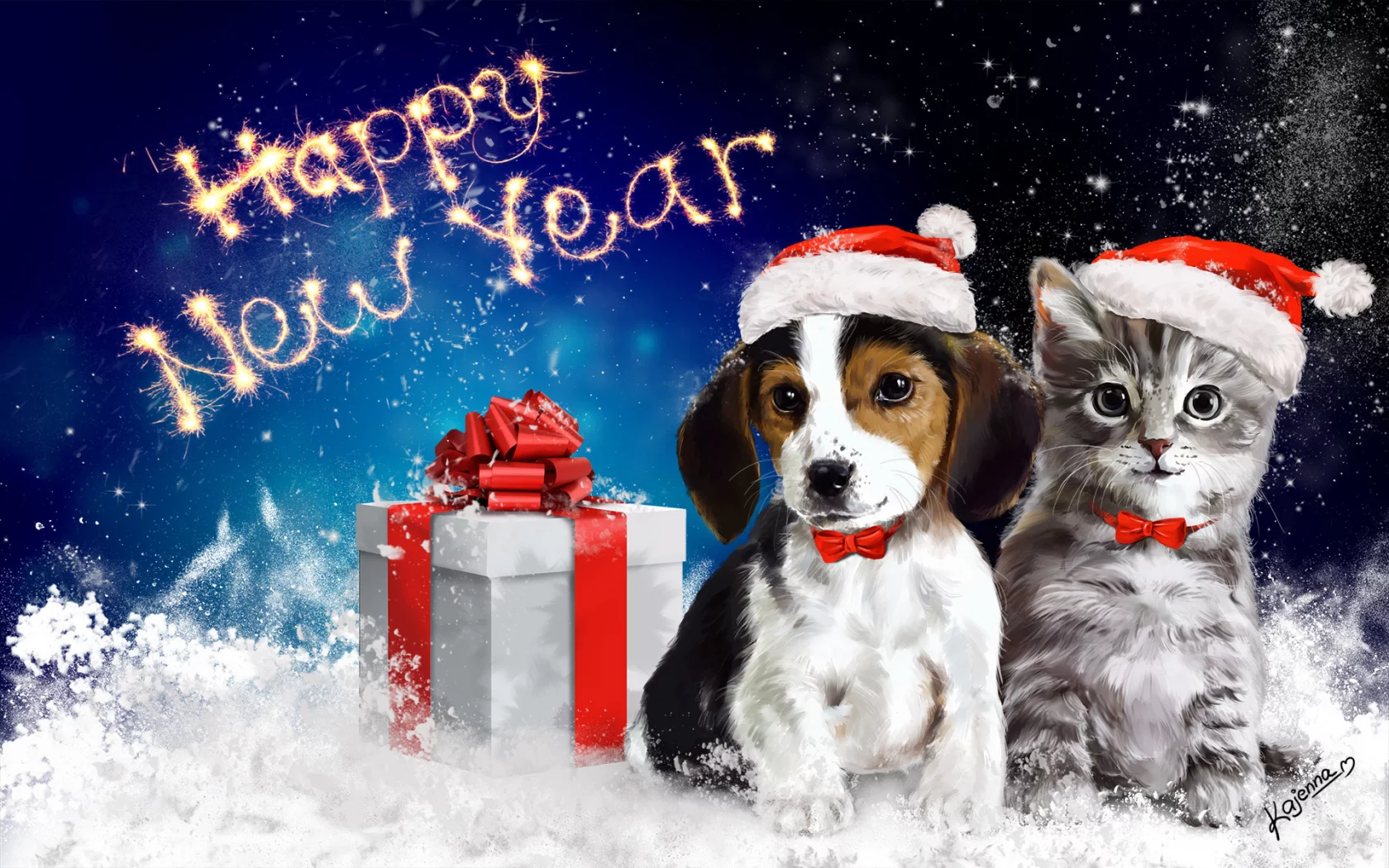 арт, животные, happy new year, собачка, новый год, котик