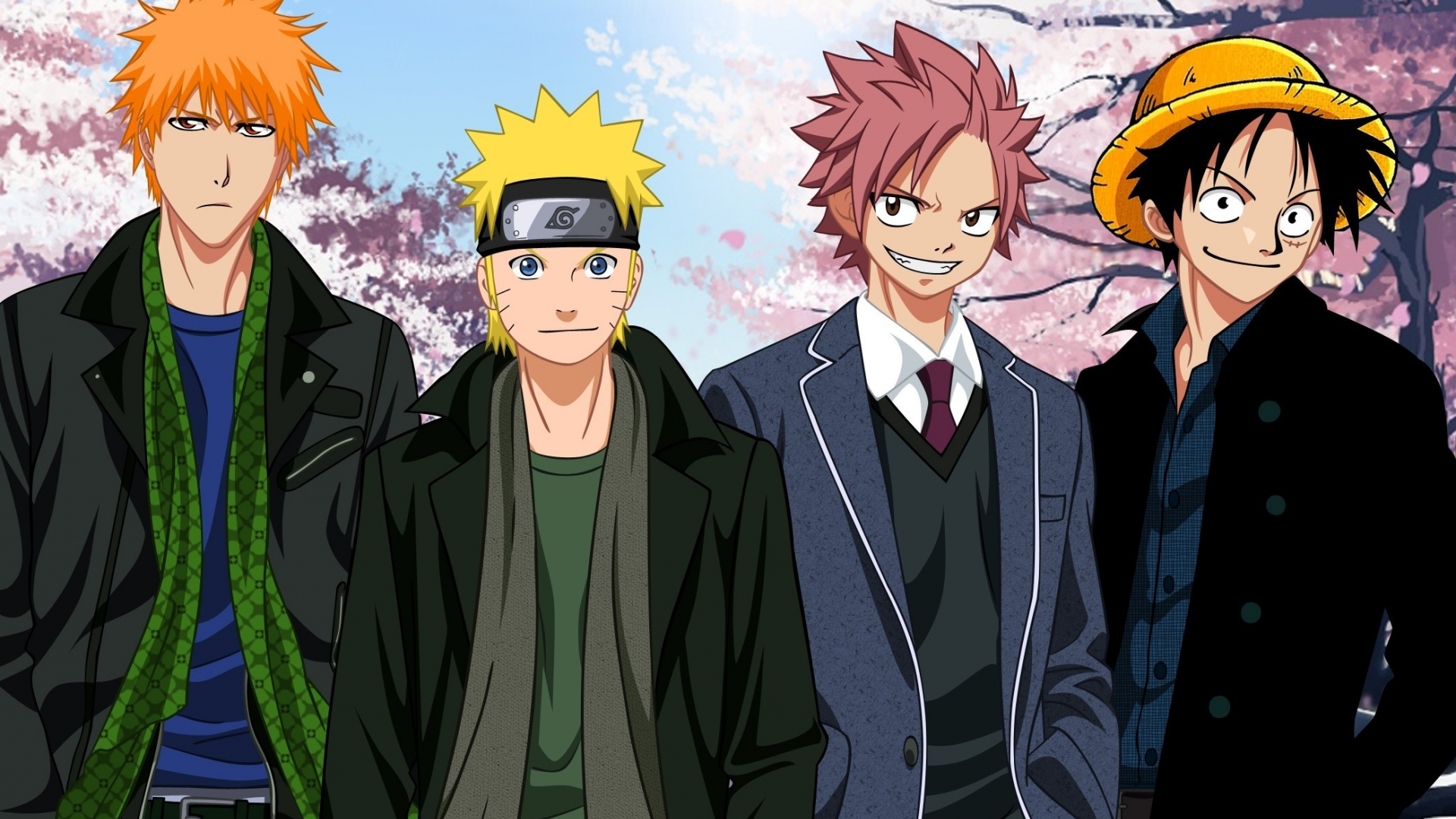 Картинка на рабочий стол kurosaki, ichigo, natsu, luffy, naruto, natsu  dragneel, uzumaki, kurosaki ichigo, crossover 1920 x 1080