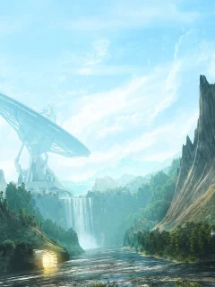 ретранслятор, скалы, digital art, waterfall valley, рисунок, desktopography