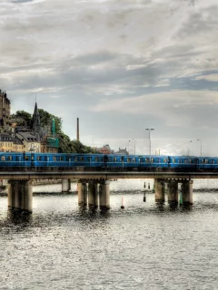 река, деревья, здания, мост, метро