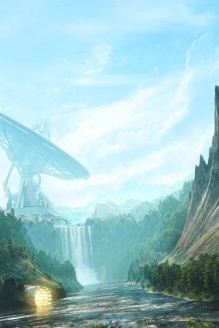 ретранслятор, скалы, digital art, waterfall valley, рисунок, desktopography