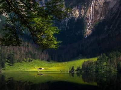 горы, озеро, pai shaka, лес, бавария, водопад