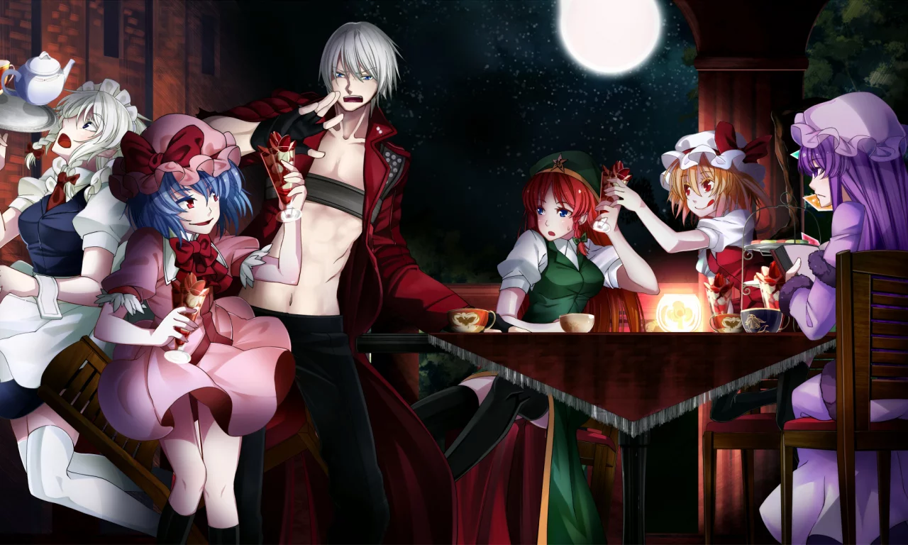 touhou, devil may cry , patchouli knowledge, flandre scarlet , hong meiling, izayoi sakuya , dante 