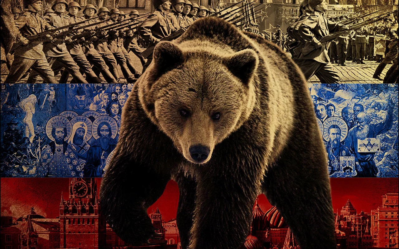 Коллаж, флаг, Россия, медведь.